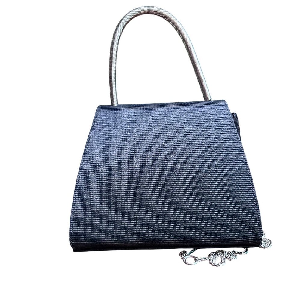Vintage-Inspired Black Ribbed Purse With Top Handle & Detachable Chain Strap - Picture 2 of 9